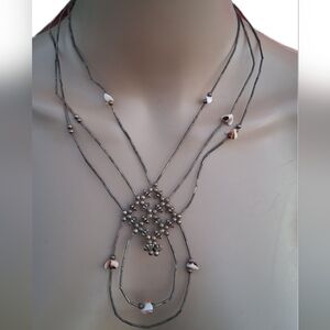 Vintage Southwestern Silver-Plated  3-Strand Lattice Necklace with Shell Accents